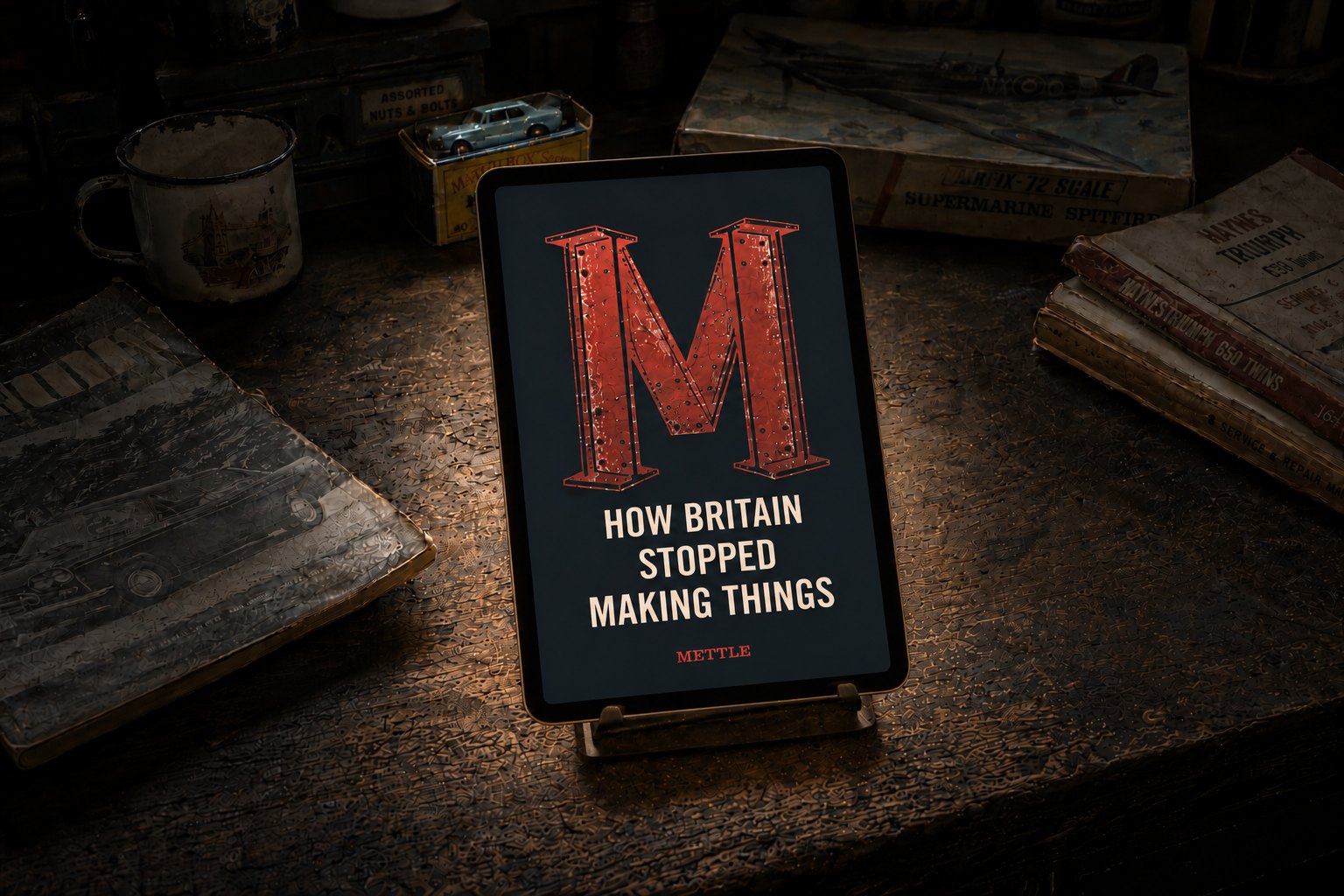 How Britain Stopped Making Things — the digital edition on a tablet, on a workbench among the toys and manuals of the era